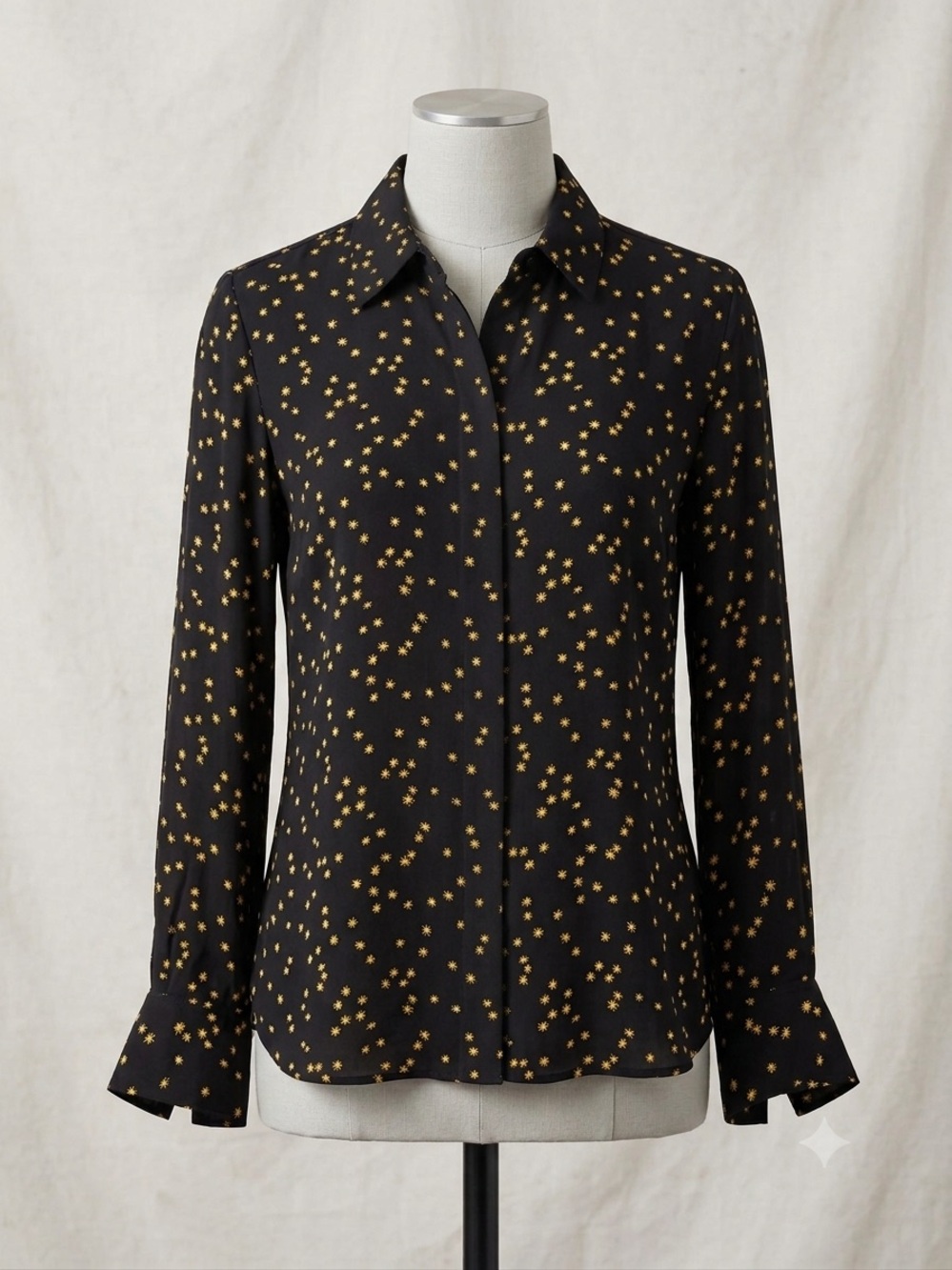 Theory 100% Silk Black Star-Print Women's Button Shirt